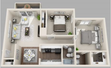Floor plan for 2 beds, 1.5 baths, 853 sqft